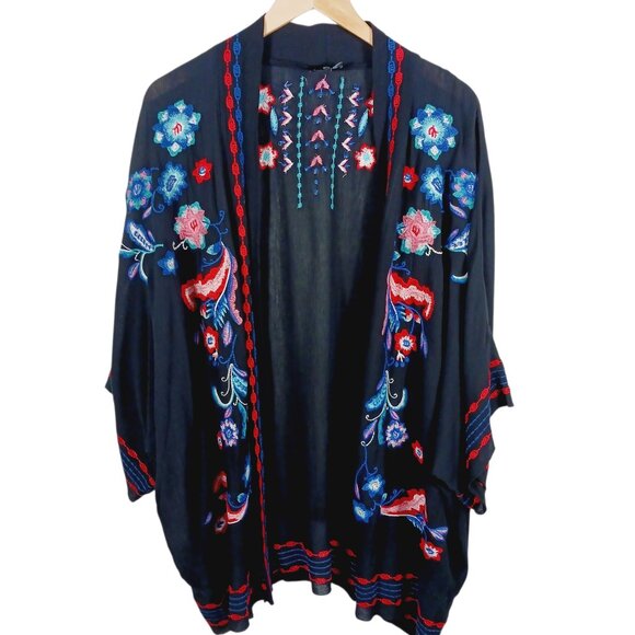 Curations Tops - Curations Gauze Kimono Style Topper Size XS/S Black W/ MultColor Embroidery Boho